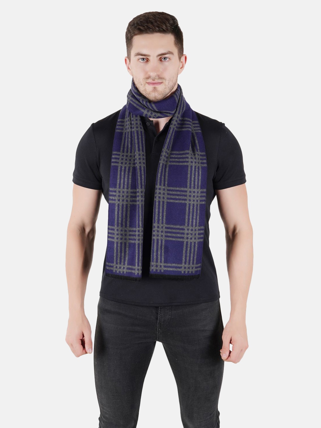 

MUFFLY Navy Blue & Grey Checked Reversible Printed Mufflers