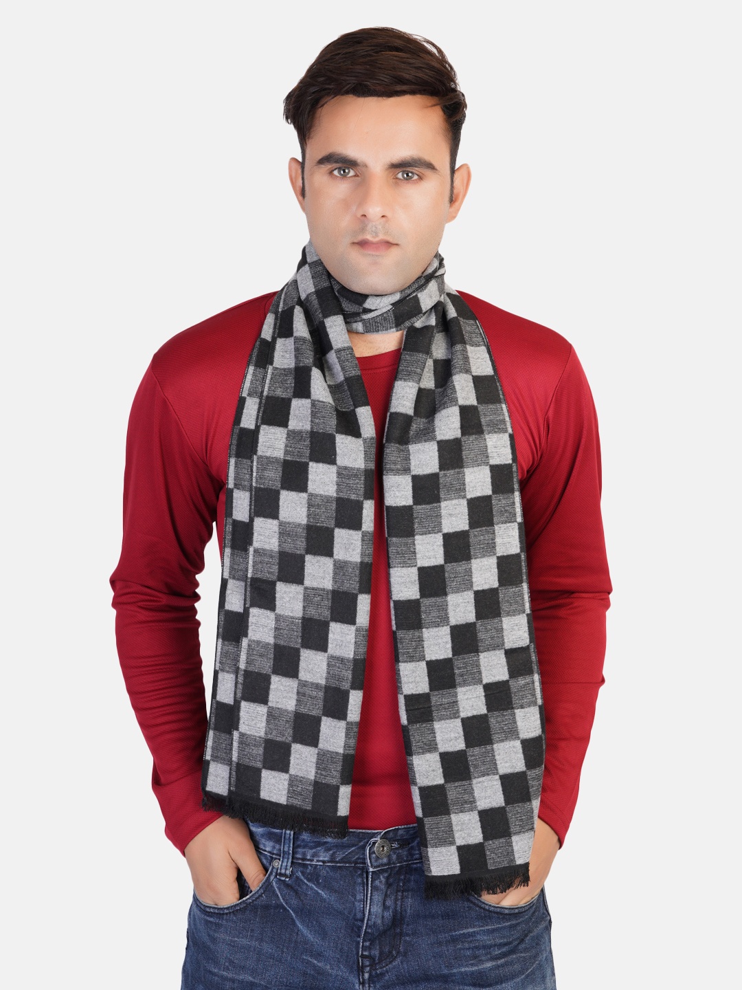 

MUFFLY Unisex Black & Grey Checked Printed Wool Mufflers