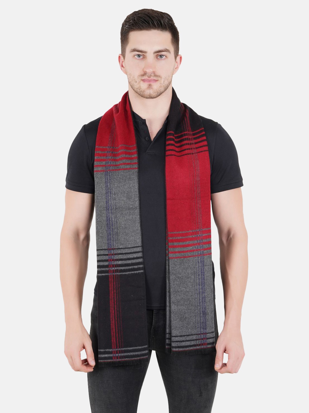 

MUFFLY Men Grey & Red Printed Reversible Woolen & Acrylic Mufflers