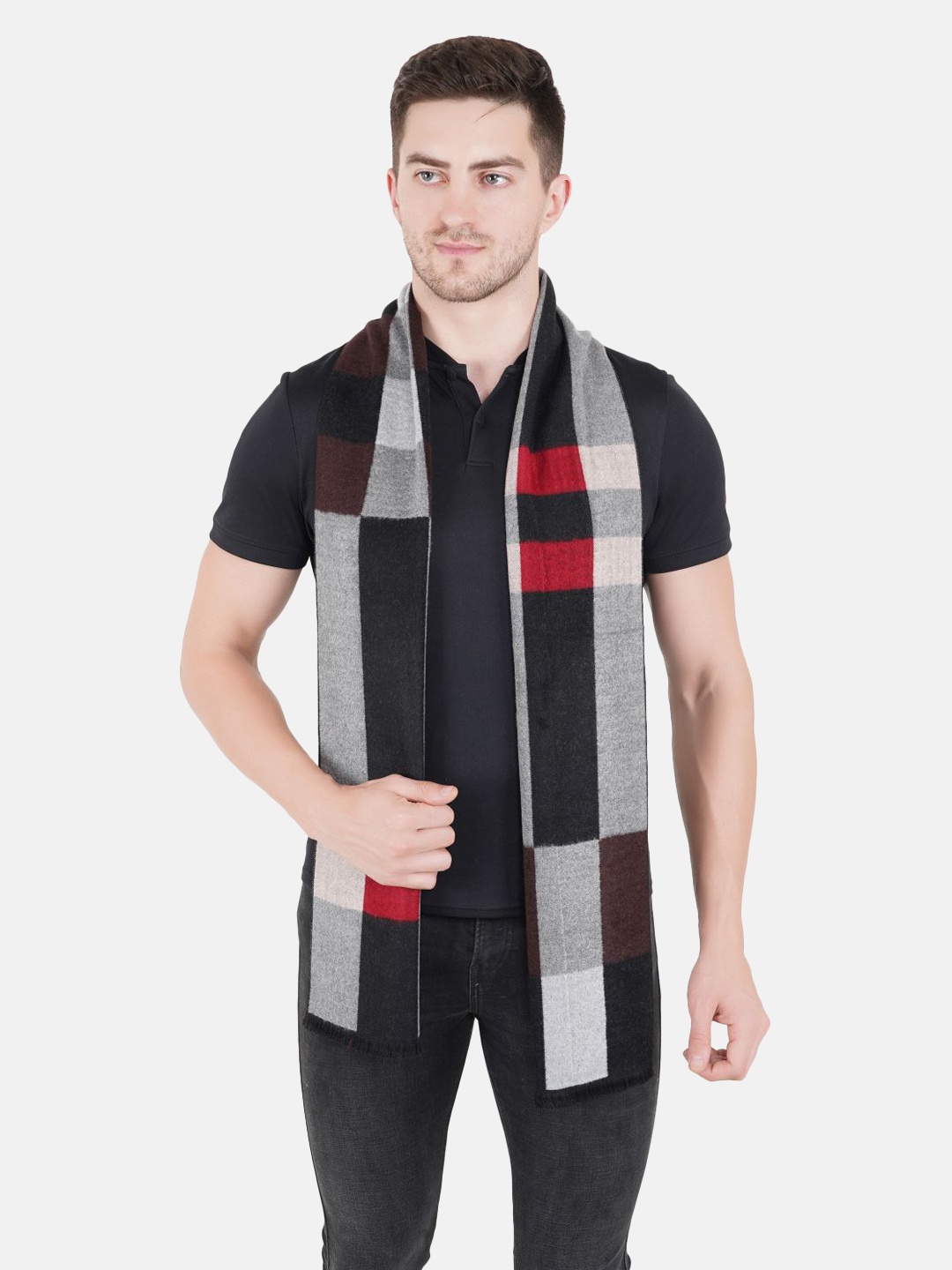 

MUFFLY Black & Grey Printed Woven-Design Knitted Woolen Muffler