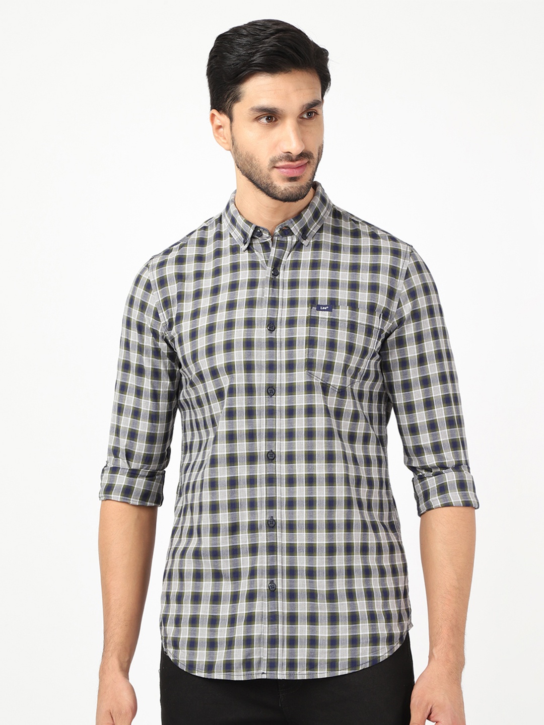

Lee Men Olive Green Classic Slim Fit Gingham Checks Checked Casual Shirt