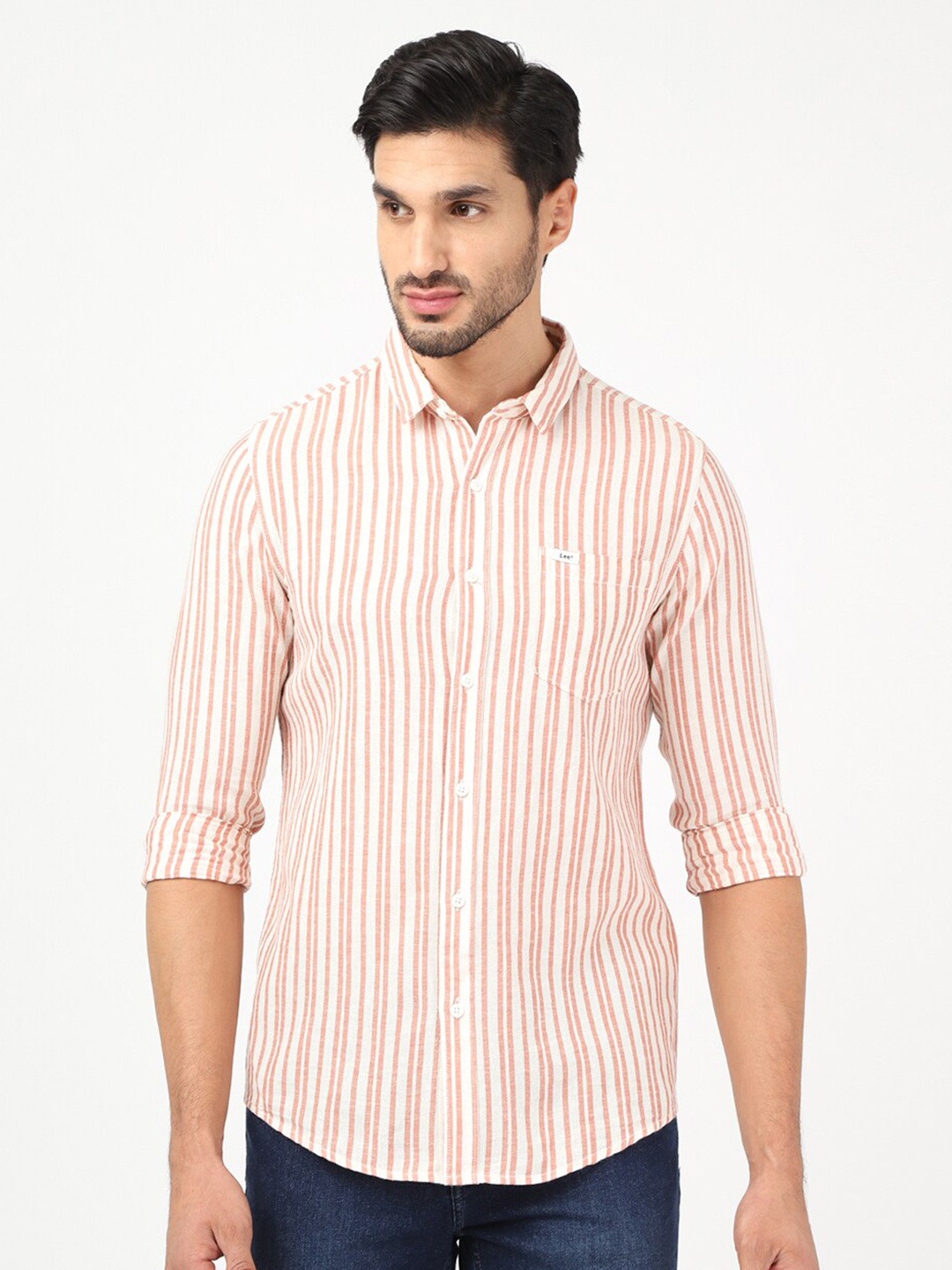 

Lee Men Orange & White Classic Slim Fit Striped Casual Shirt