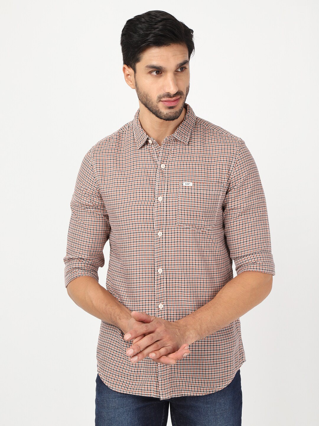 

Lee Men Blue & Brown Classic Slim Fit Micro Checks Checked Casual Shirt