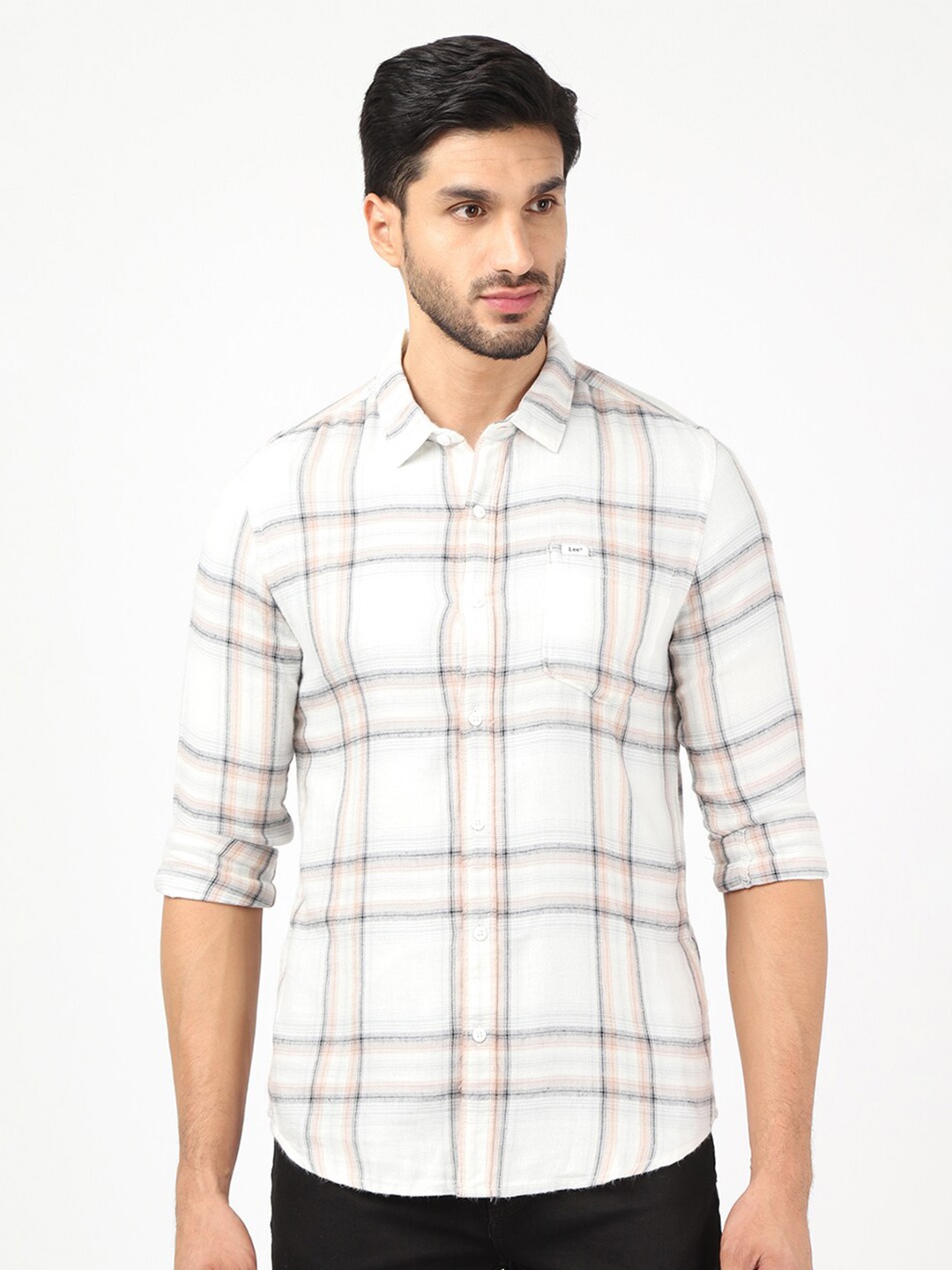 

Lee Men White Classic Slim Fit Windowpane Checks Checked Casual Shirt