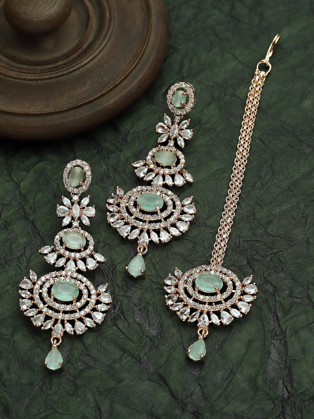 

ZENEME Women Rose Gold-Plated Green AD Studded Contemporary Earring With Maang Tikka