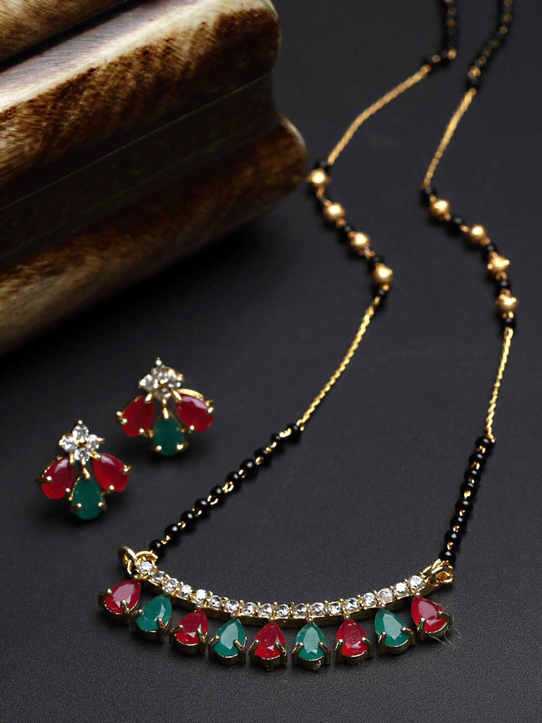 

ZENEME Women Gold-Plated Red & Green AD-Studded & Beaded Mangalsutra