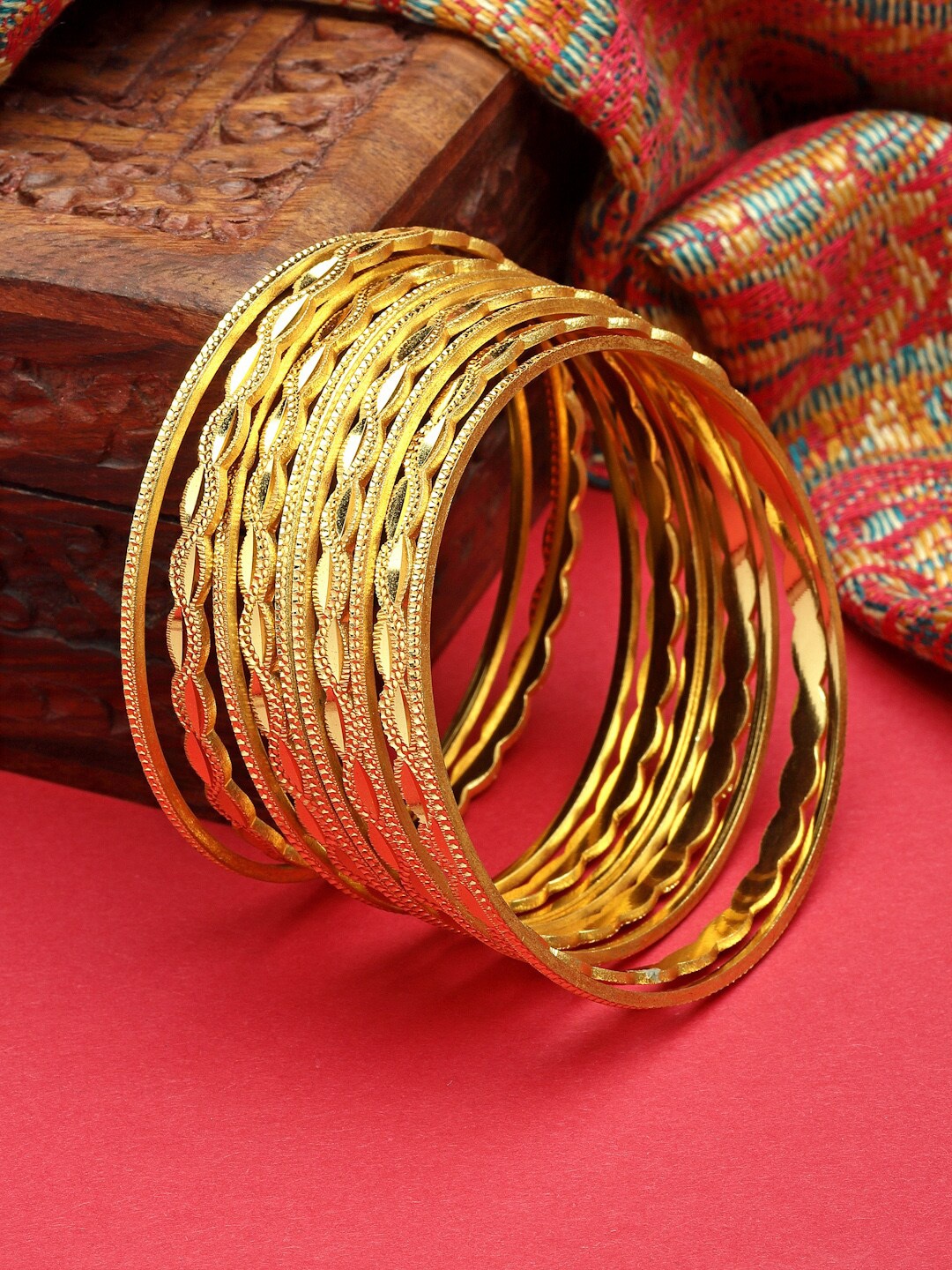

ZENEME Women Set of 10 Gold-Plated Textured Handcrafted Bangles