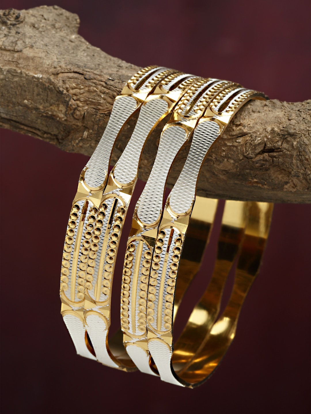 

ZENEME Gold & Silver Dual Toned Set Of 4 Textured Bangles