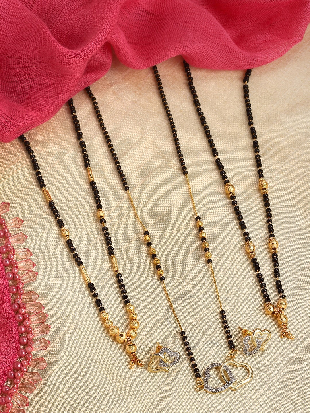 

ZENEME Set Of 3 Gold-Plated Black Beaded Mangalsutra With Earing