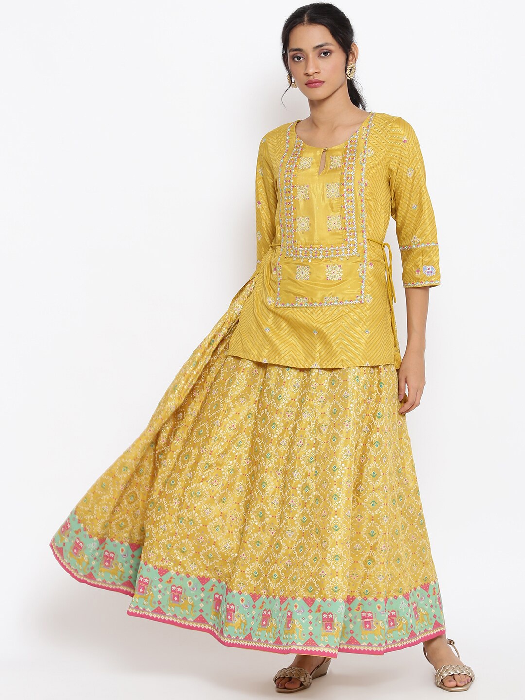 

W Floral Embroidered Dress With Attached Skirt, Yellow