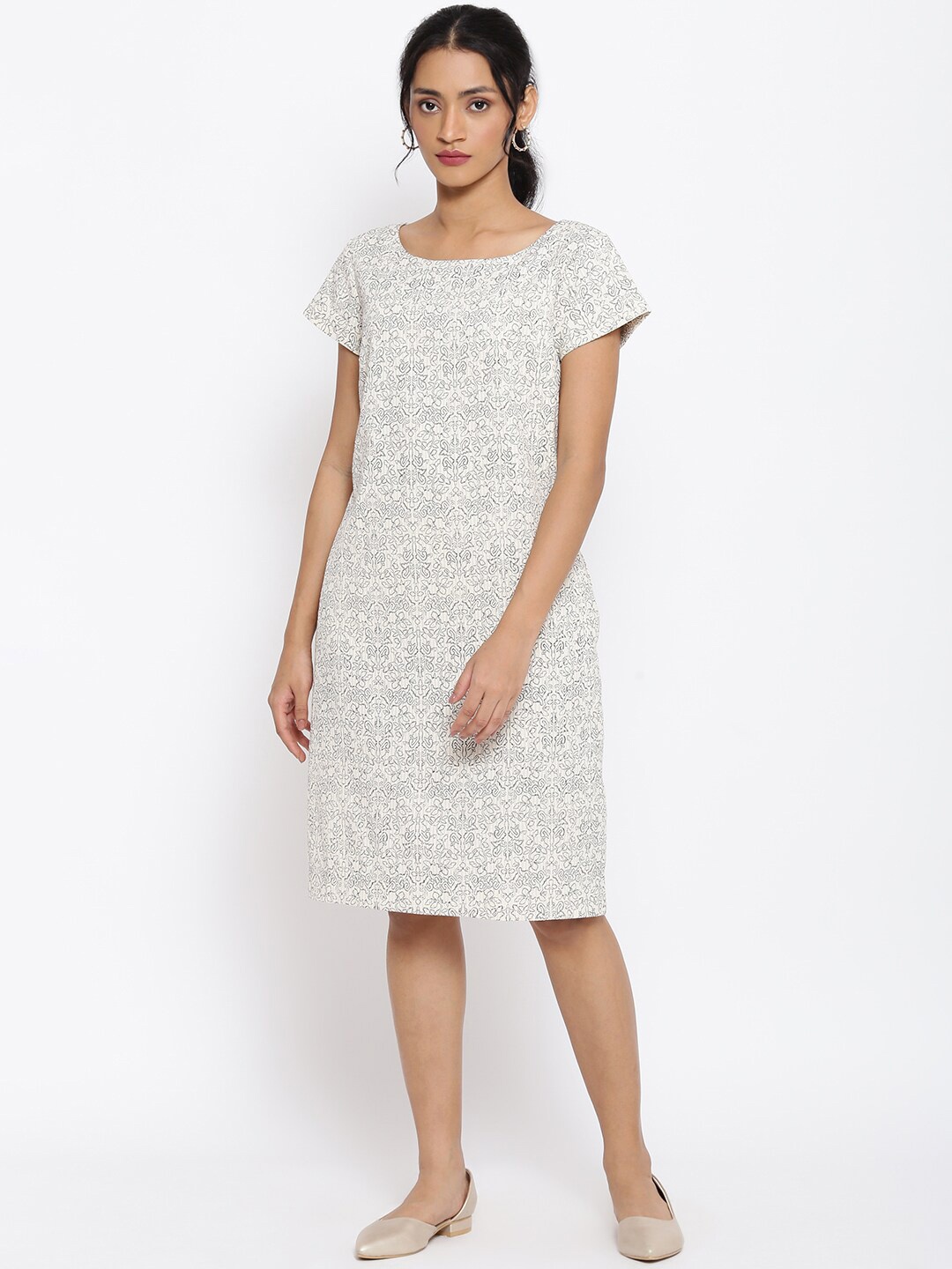 

W Ethnic Motifs Sheath Cotton Dress, Off white