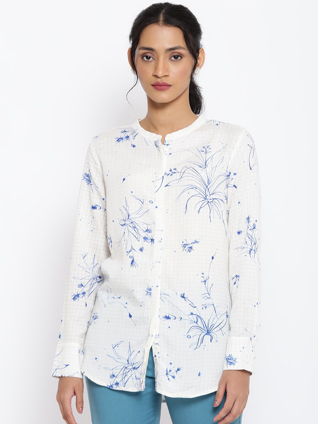 

W Women White & Blue Floral Printed Full Sleeve Shirt Type Top