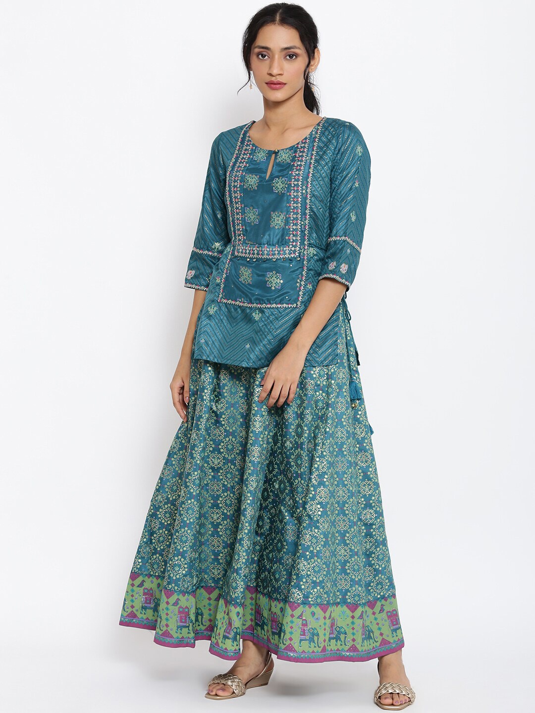 

W Floral Embroidered Dress With Attached Skirt, Green