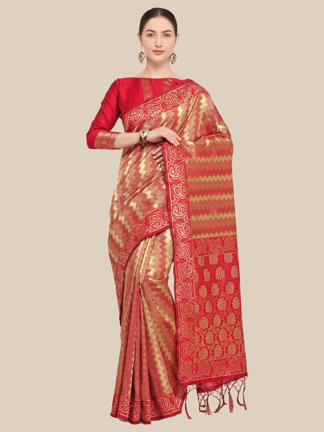 

Saree Swarg Red & Gold-Toned Woven Design Zari Silk Blend Banarasi Sarees