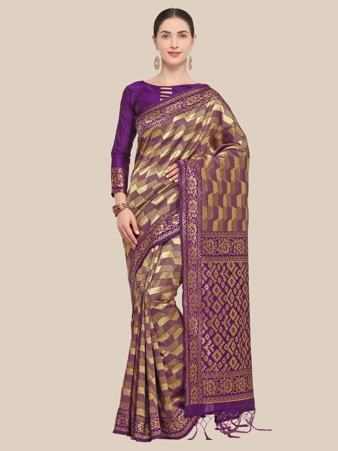 

Saree Swarg Violet & Gold-Toned Woven Design Silk Blend Saree