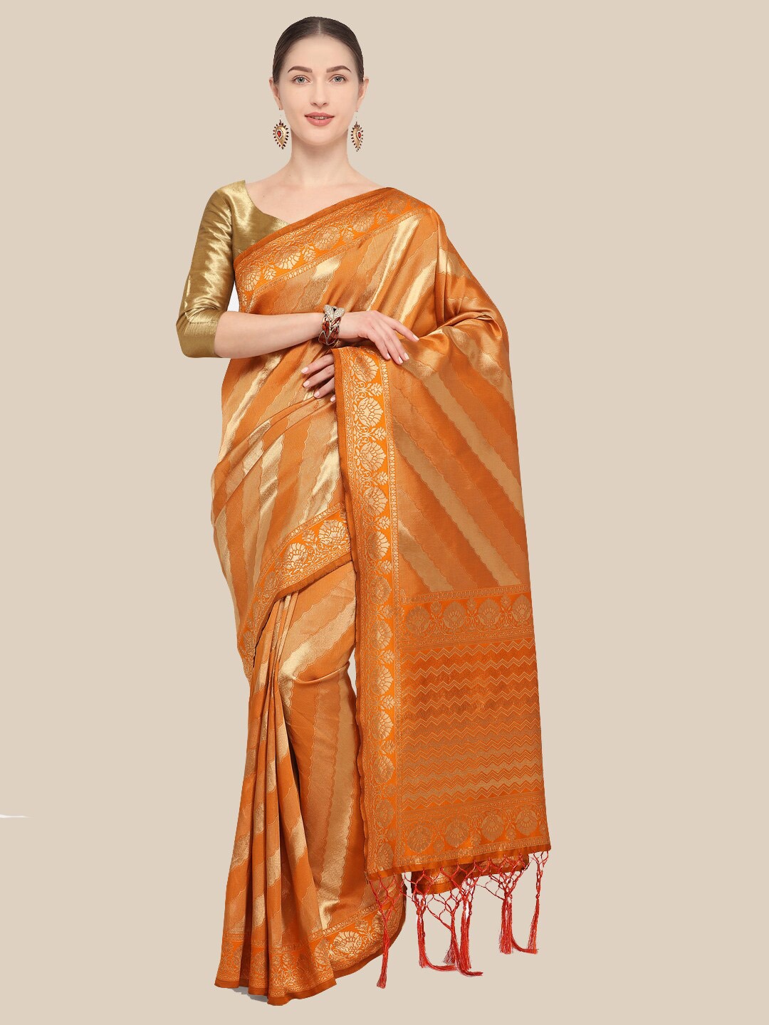 

Saree Swarg Mustard & Gold-Toned Woven Design Zari Silk Blend Banarasi Sarees