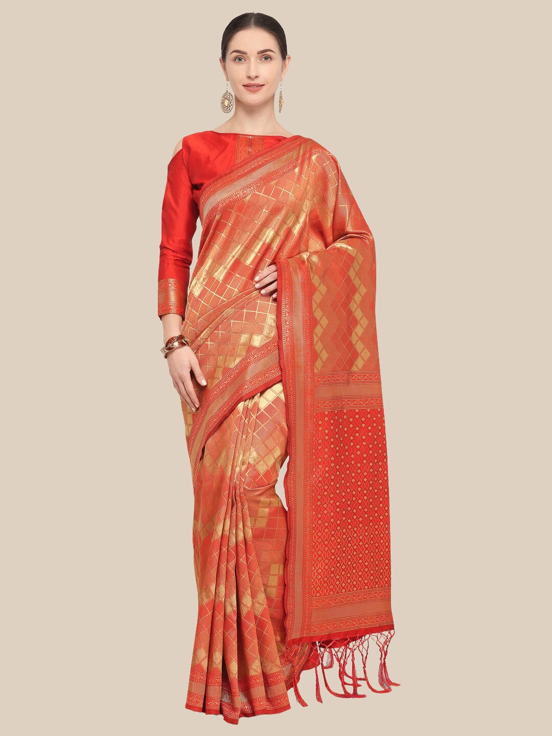 

Saree Swarg Red & Golden Woven Design Zari Silk Blend Banarasi Sarees