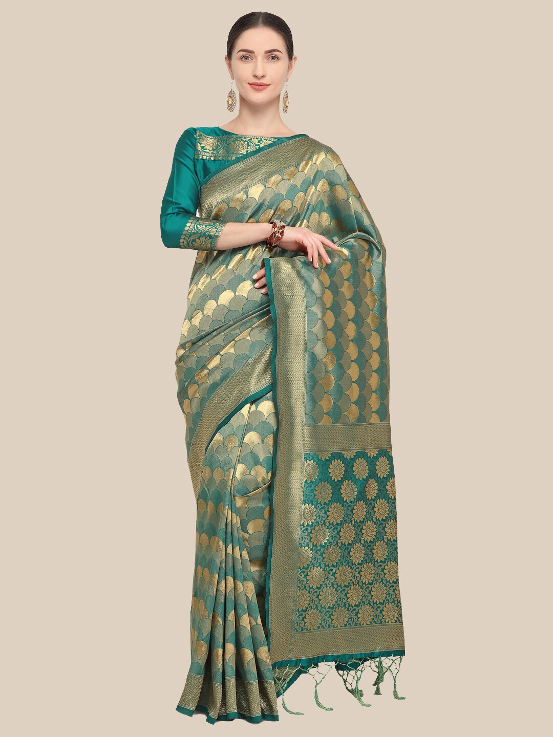 

Saree Swarg Sea Green & Golden Woven Design Zari Silk Blend Banarasi Saree