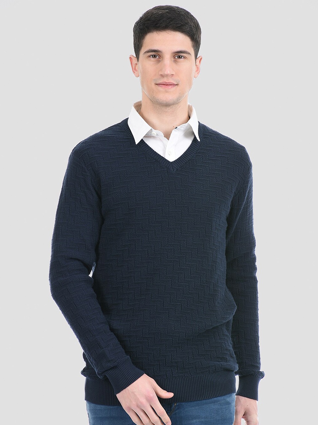 

PORTOBELLO Men Navy Blue Self Design Pullover