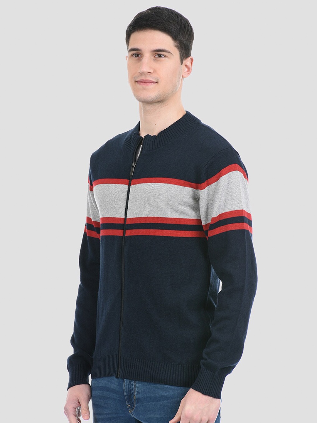 

PORTOBELLO Men Navy Blue & Grey Colourblocked Cardigan