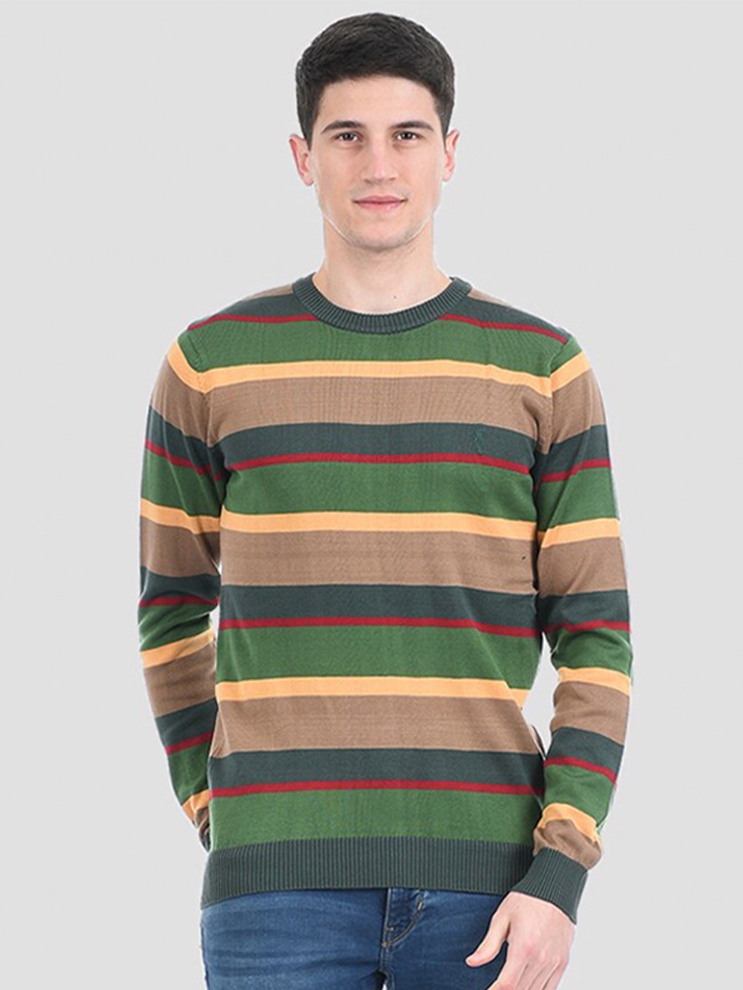 

PORTOBELLO Men Green & Brown Striped Pullover