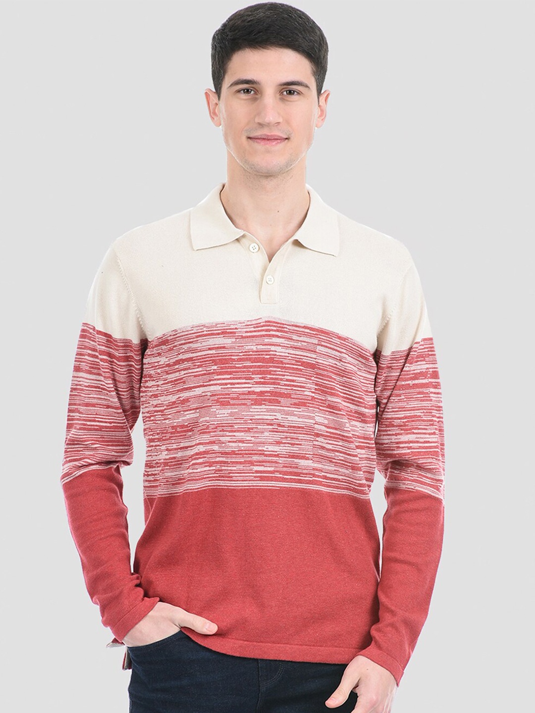 

PORTOBELLO Men Red & White Colourblocked Cotton Pullover