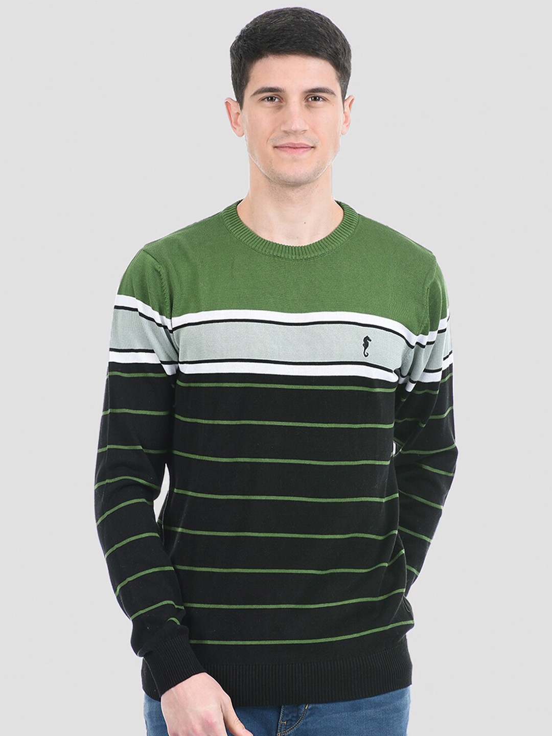 

PORTOBELLO Men Black & Green Striped Pullover