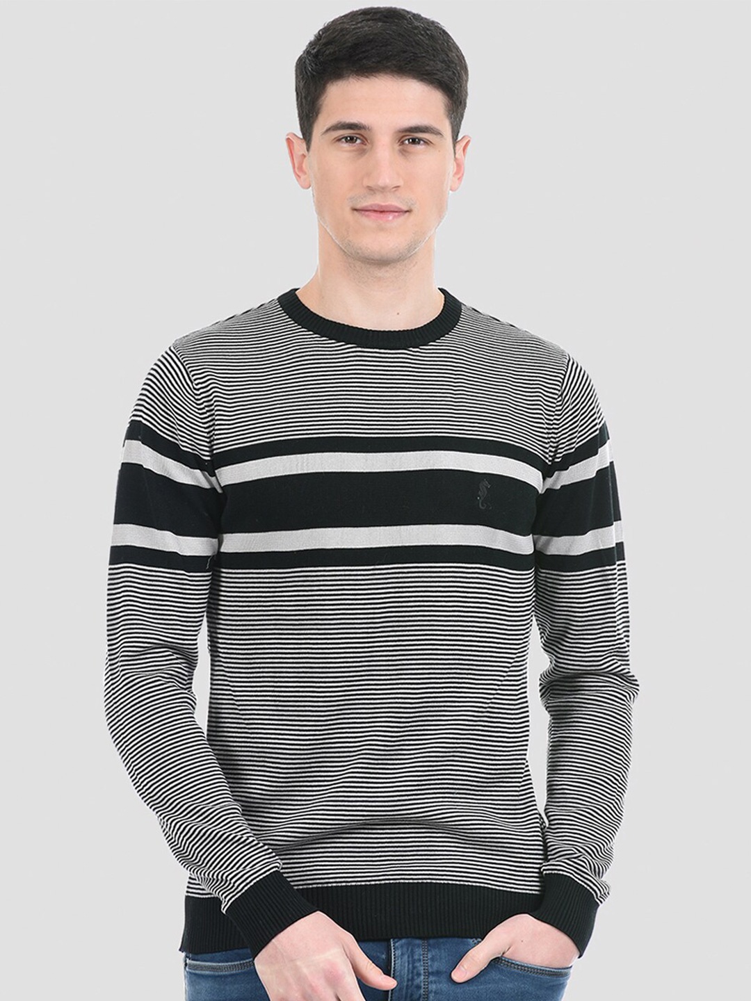 

PORTOBELLO Men Black & Grey Striped Pullover