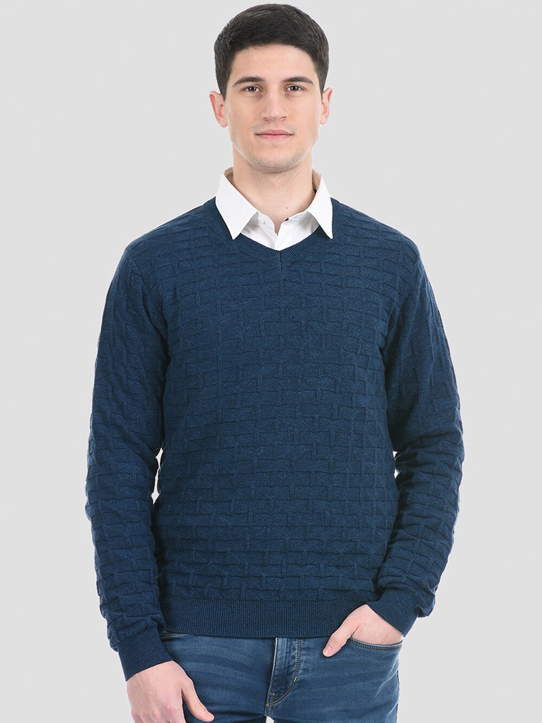 

PORTOBELLO Men Navy Blue Self Design Pullover