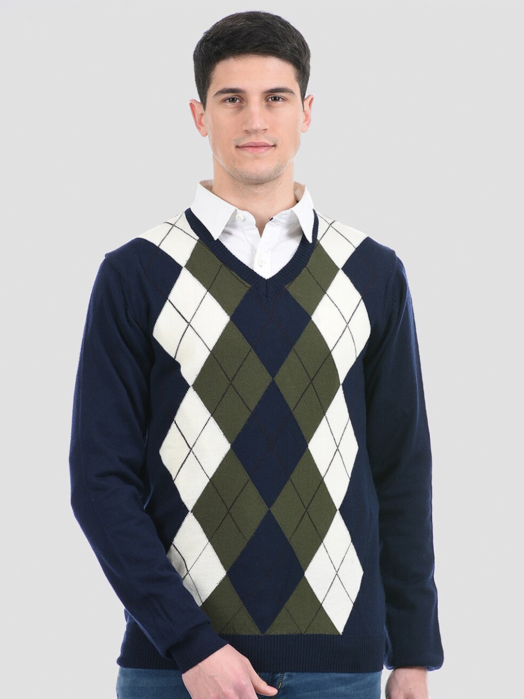 

PORTOBELLO Men Blue & White Argyle Pullover