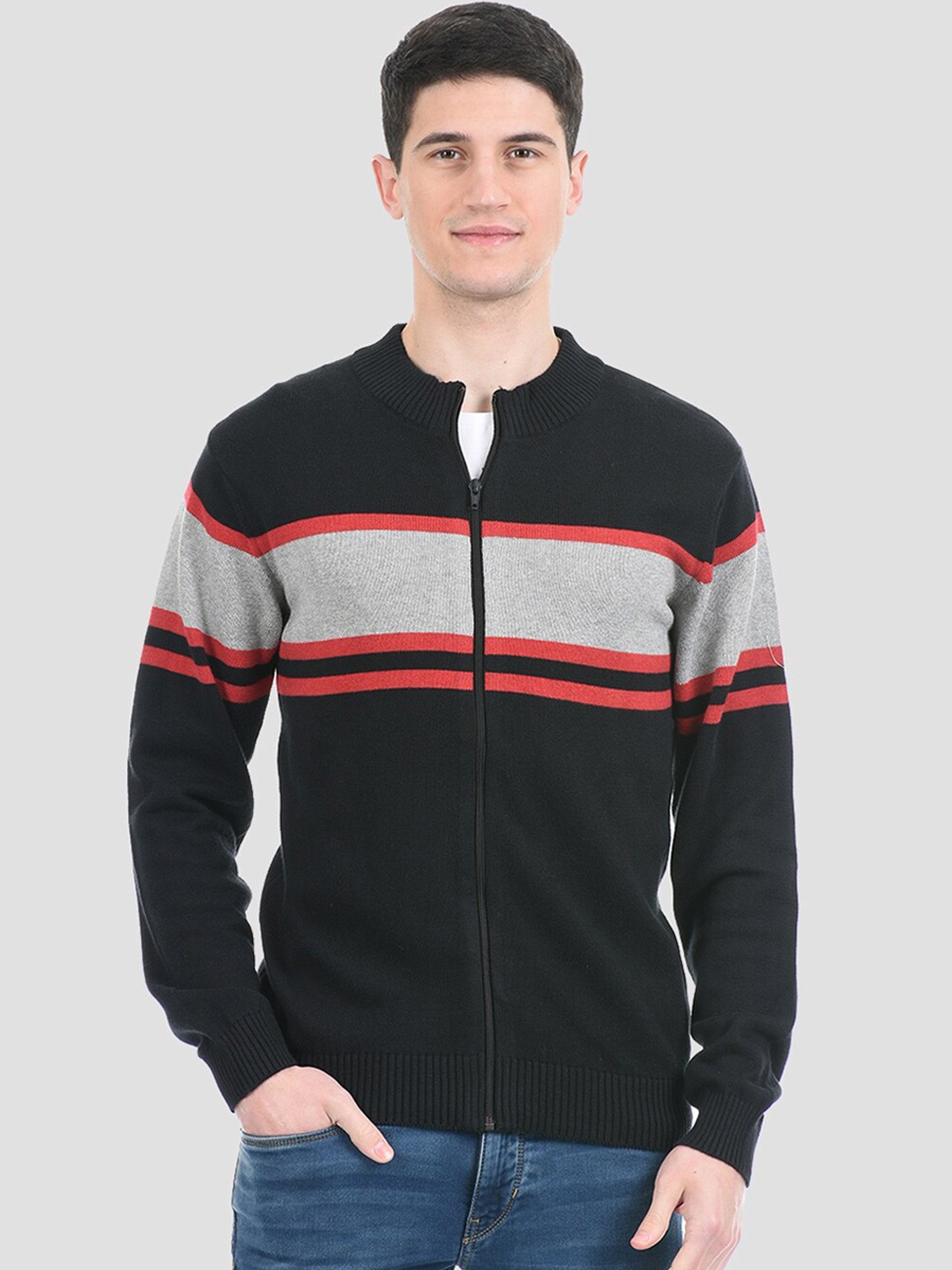 

PORTOBELLO Men Black & Grey Striped Cardigan