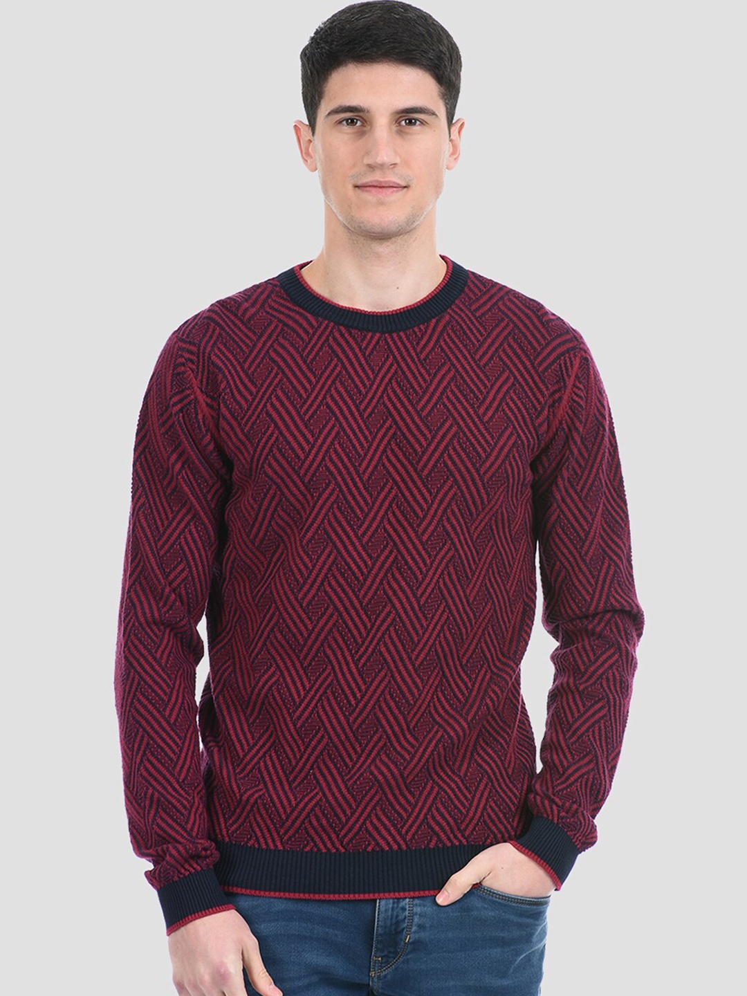 

PORTOBELLO Men Pink & Black Striped Pullover