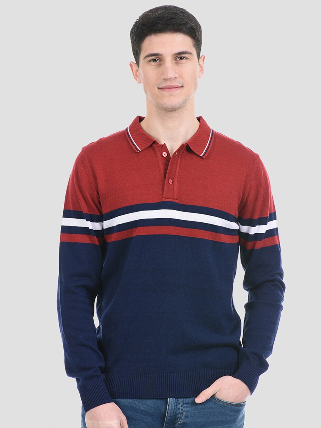 

PORTOBELLO Men Blue & Red Striped Colourblocked Pullover