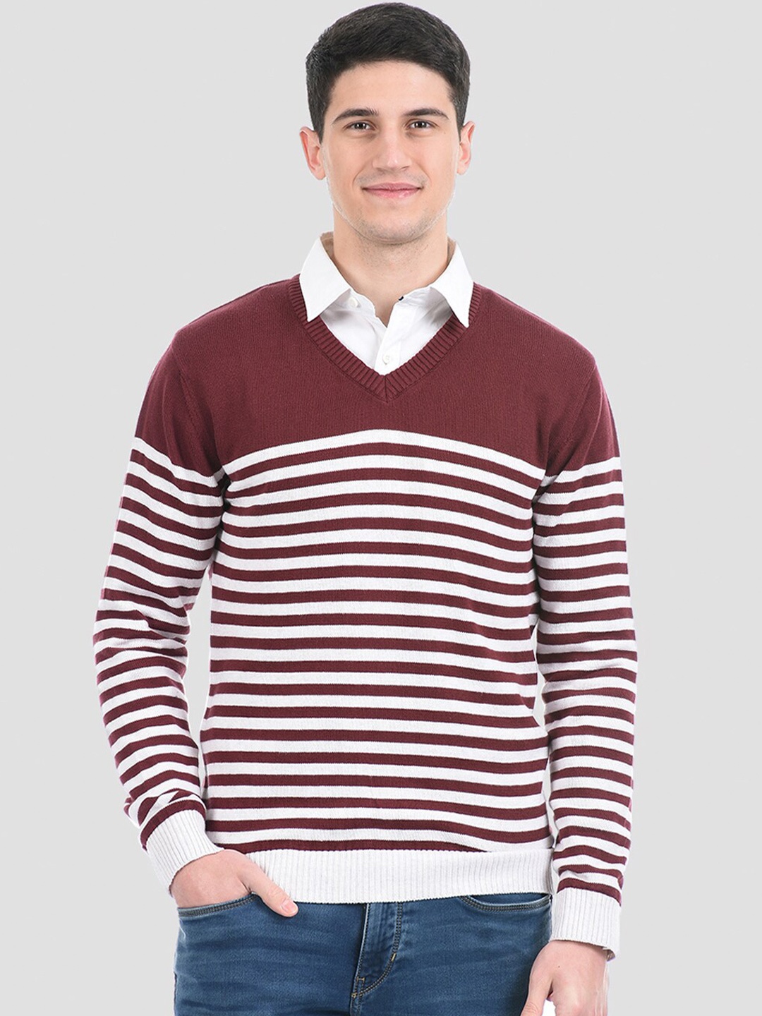 

PORTOBELLO Men Maroon & White Striped Cotton Pullover