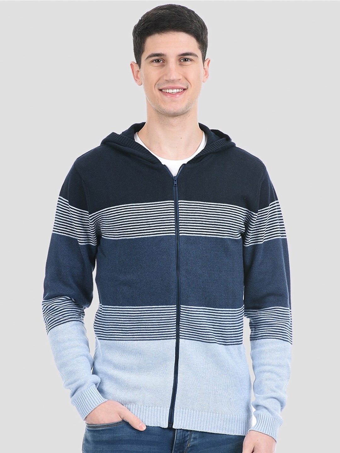 

PORTOBELLO Men Blue Striped Hooded Cardigan