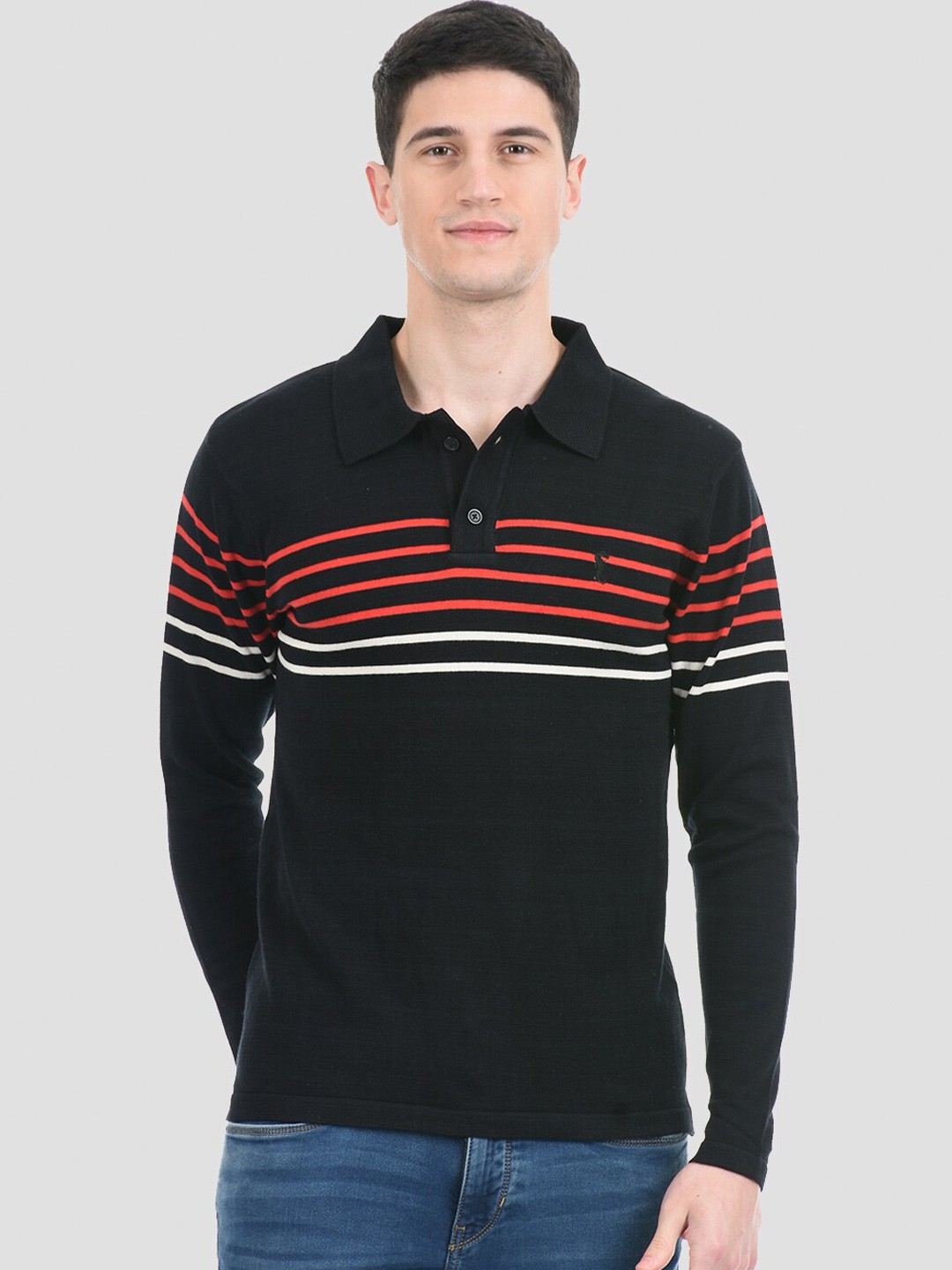 

PORTOBELLO Men Black & Red Striped Pullover
