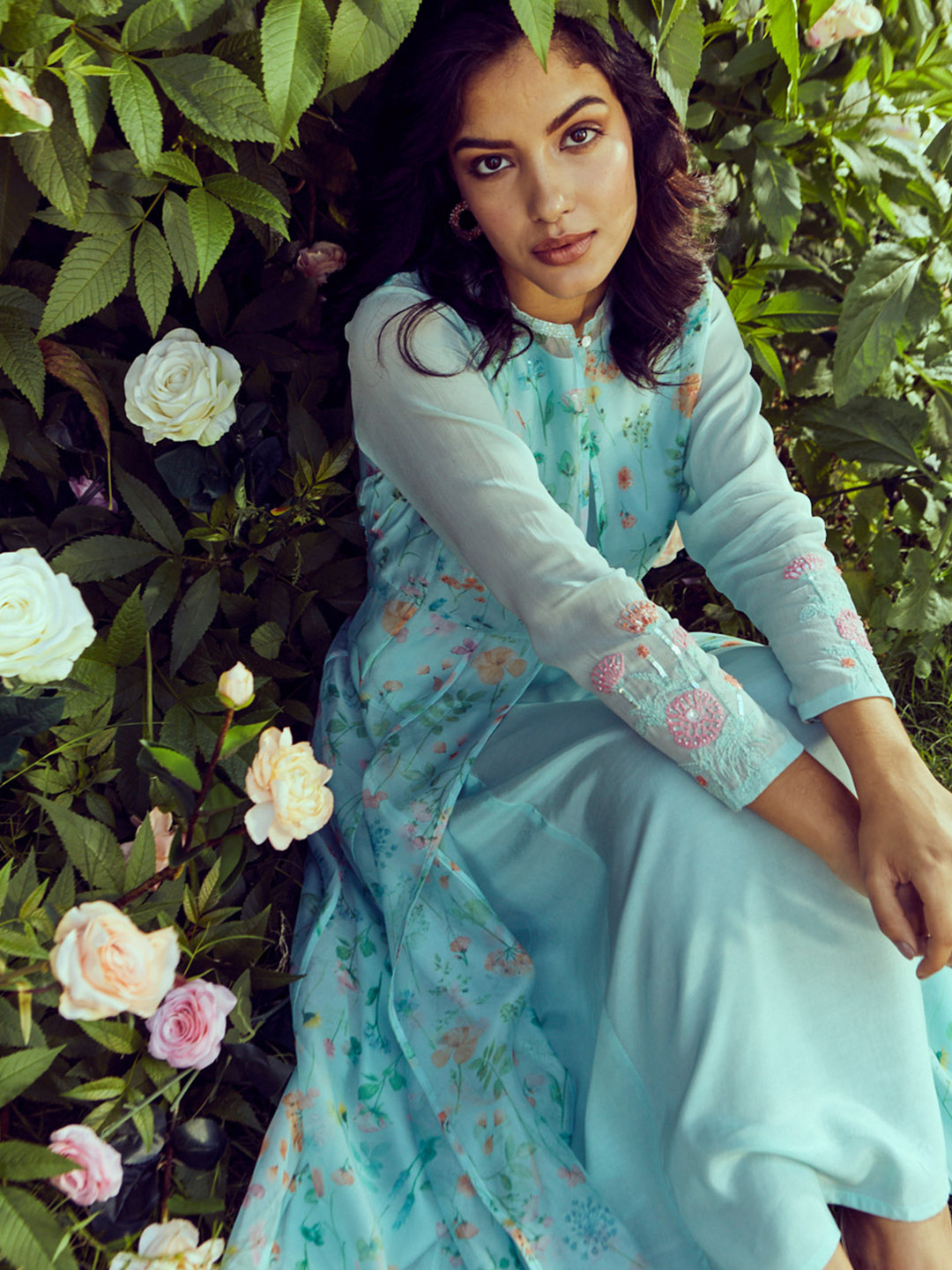 

WISHFUL Green Floral Printed Layered Ethnic Maxi Dress