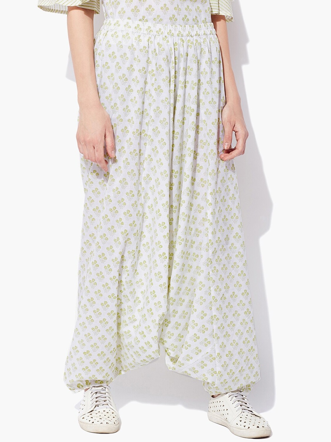 

Indian Dobby Women White Printed Relaxed-Fit Cotton Harem Pants, Lime green
