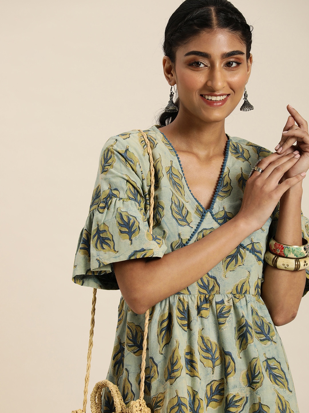 

Taavi Women Green Ajrakh Ethnic Motifs Casual Fit And Flare Dress