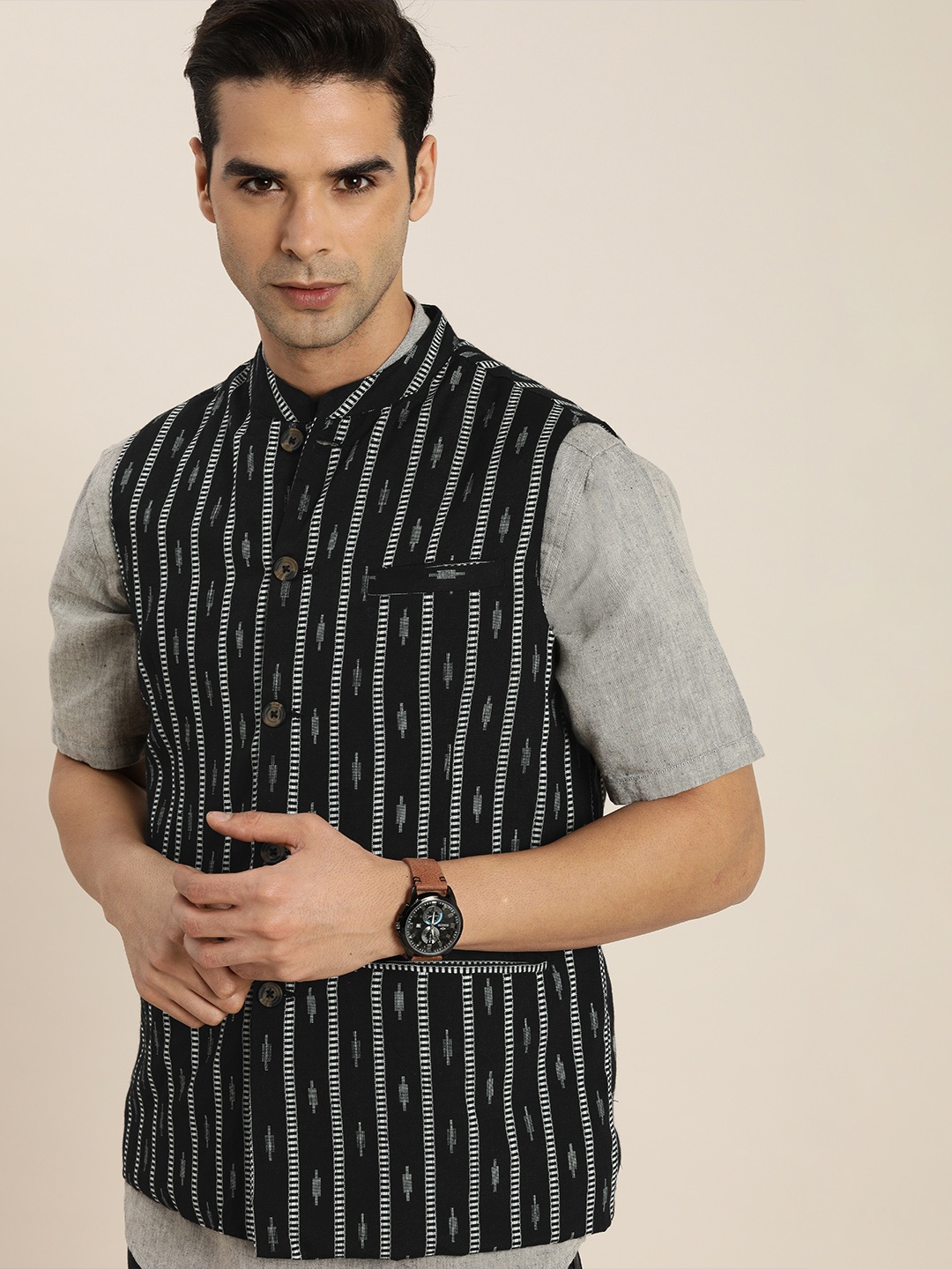 

Taavi Men Black & White Woven Legacy Nehru Jacket