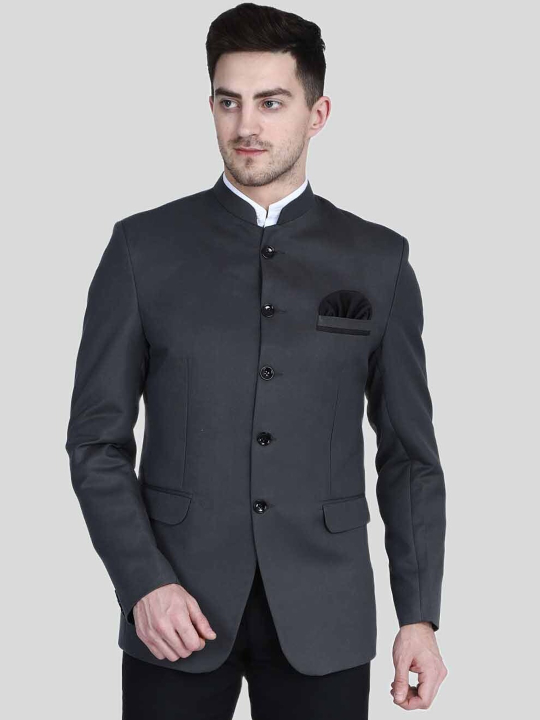 

TAHVO Men Grey Solid Slim-Fit Bandhgala Blazer