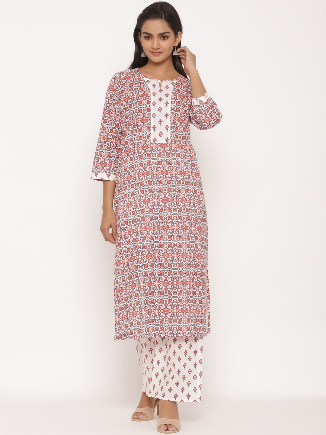 

MIRAVAN Women Orange Floral Printed Pure Cotton Kurta with Trousers