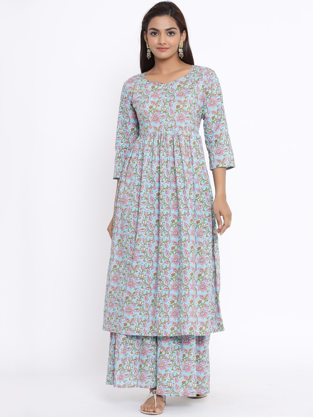 

MIRAVAN Women Blue Floral Printed Pure Cotton Kurta with Palazzos