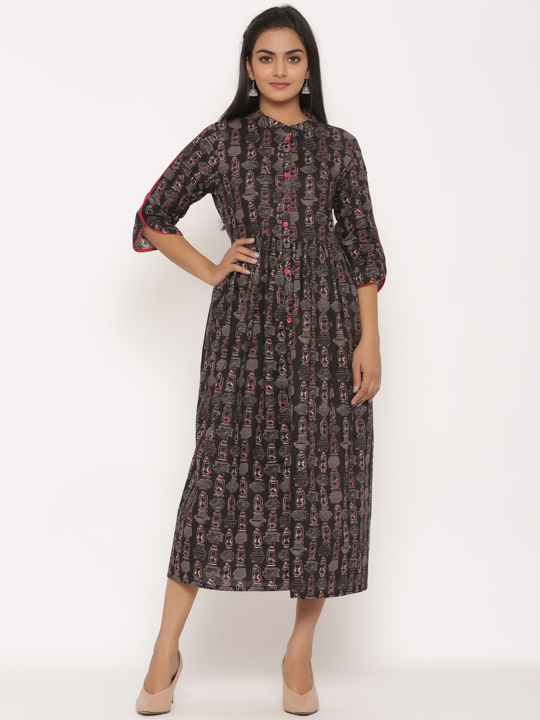 

MIRAVAN Women Black Printed Cotton Anarkali Kurta