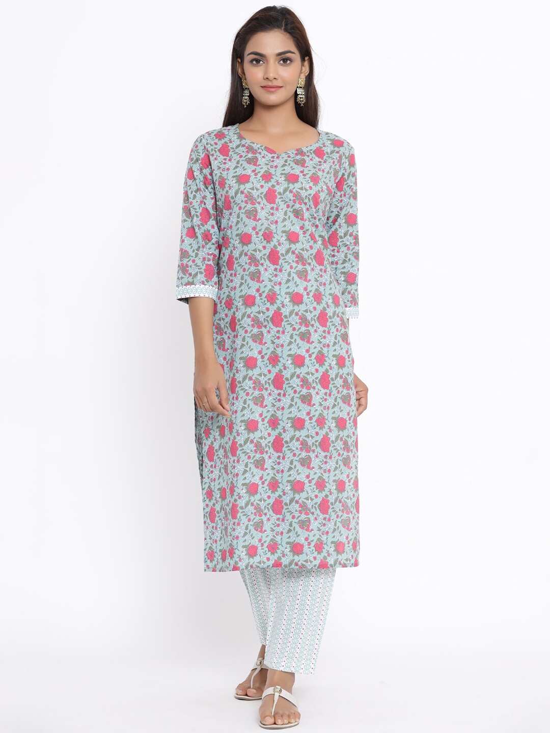 

MIRAVAN Women Green Floral Printed Pure Cotton Kurta with Palazzos