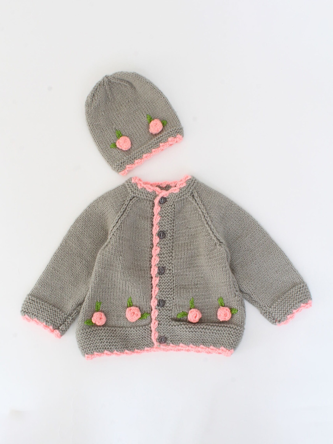 

Woonie Unisex Kids Grey & Pink Floral Embroidered Cardigan With Cap