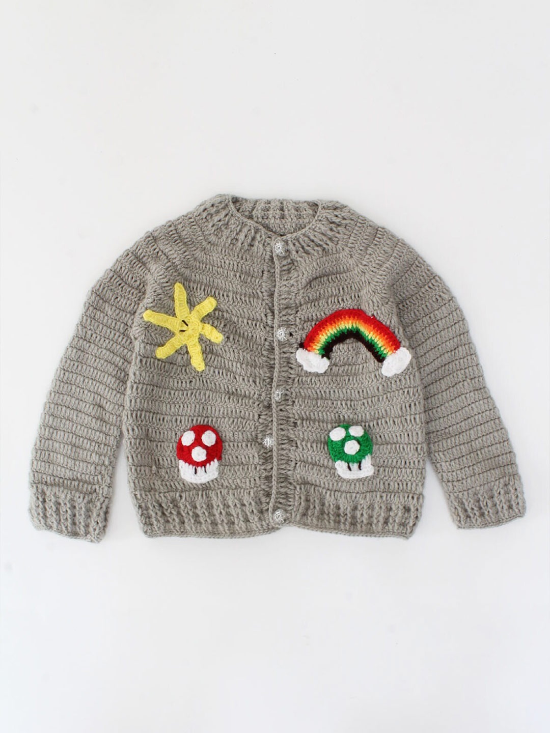 

Woonie Unisex Kids Grey & Yellow Handmade Rainbow Cardigan