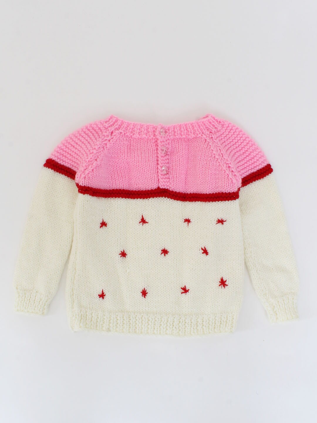 

Woonie Unisex Kids White & Pink Embroidered Colourblocked Pullover with Embroidered Detail