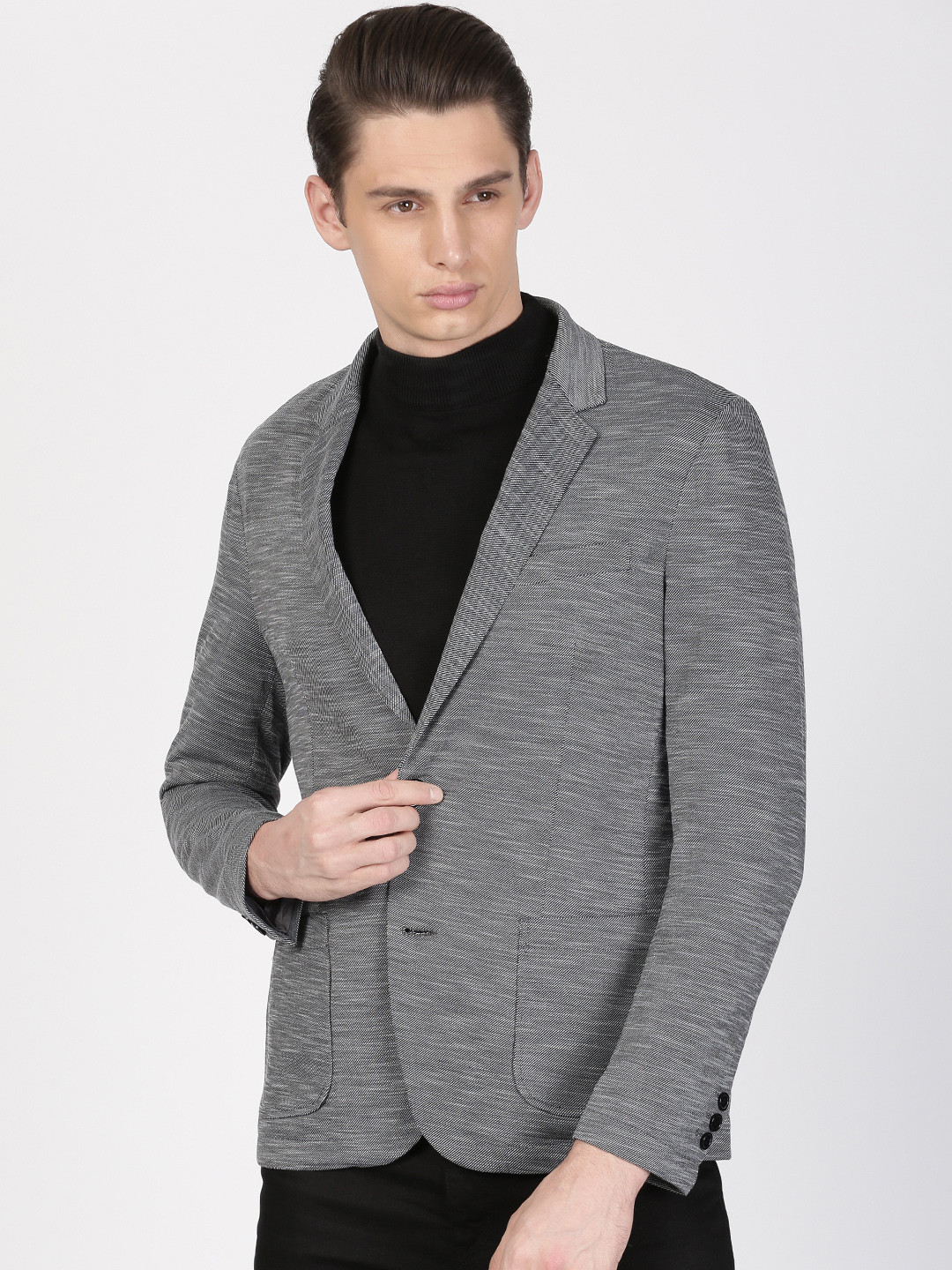 

ether Grey Melange Single-Breasted Regular Fit Casual Blazer