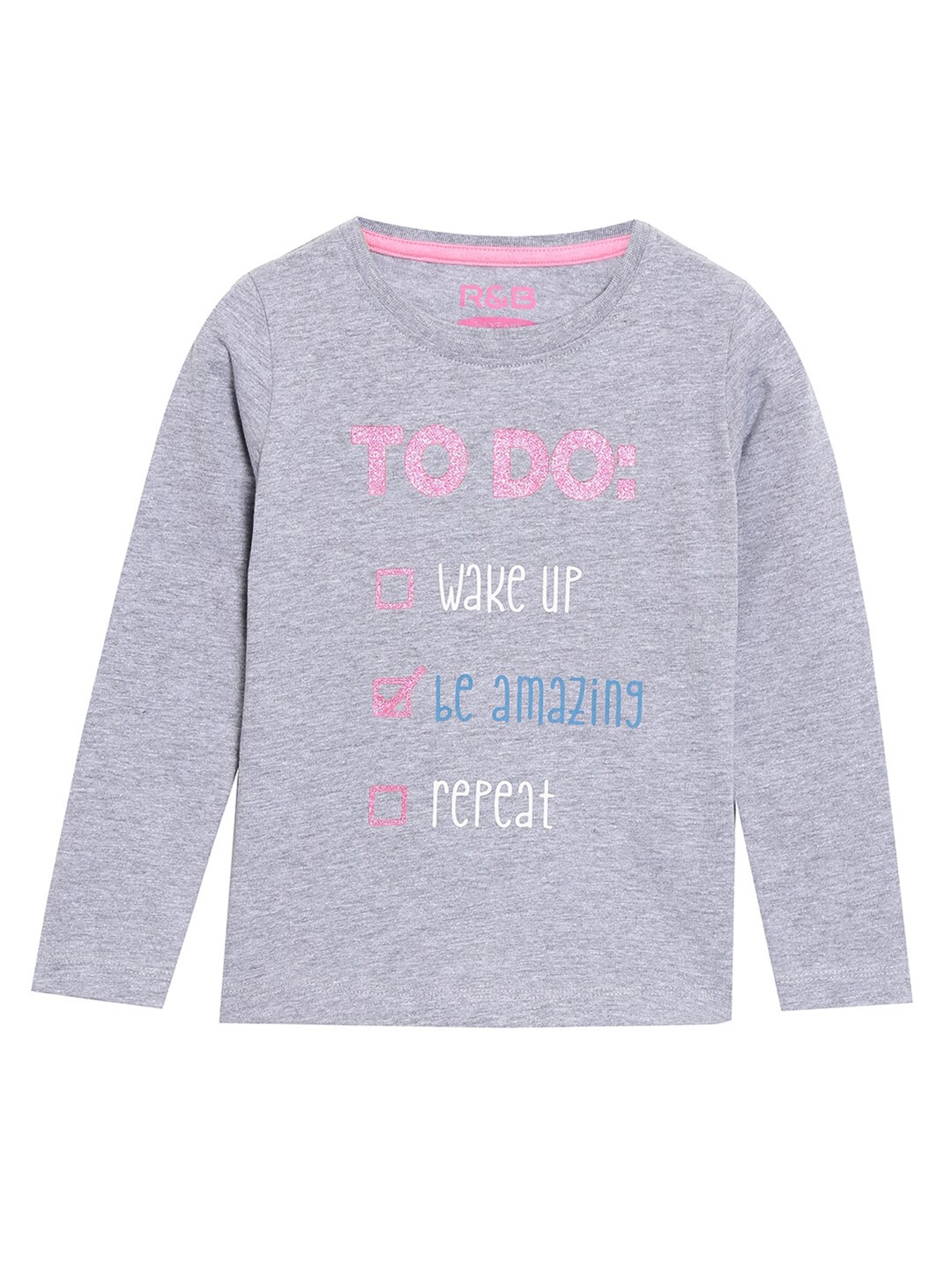 

R&B Girls Grey Typography Printed Cotton T-shirt